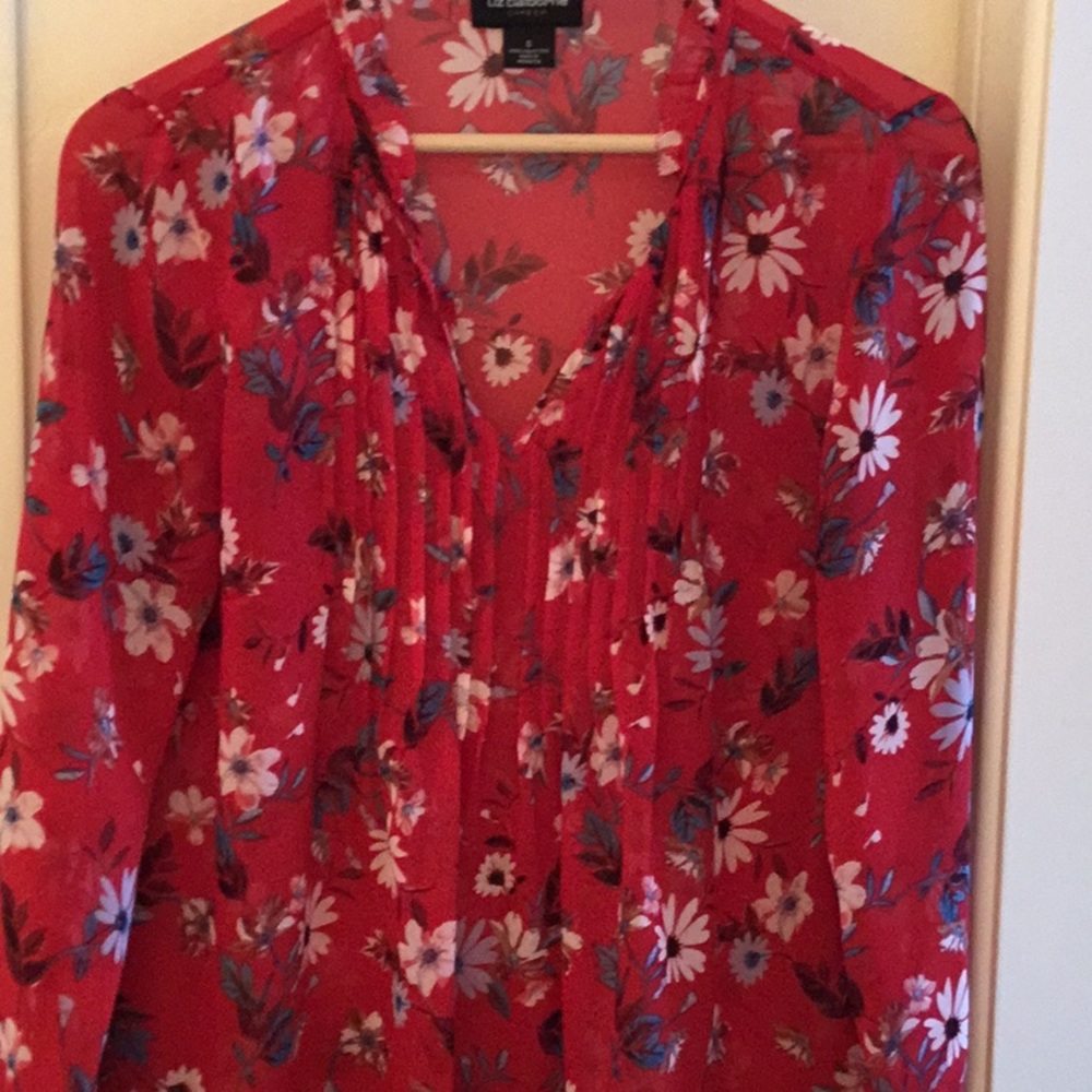 Red white and blue sheer floral blouse